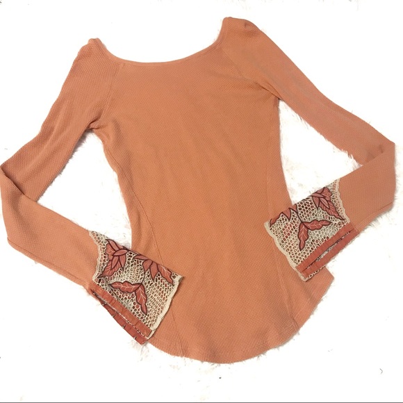 Free People Tops - Free people orange crochet cuff scoop neck thermal